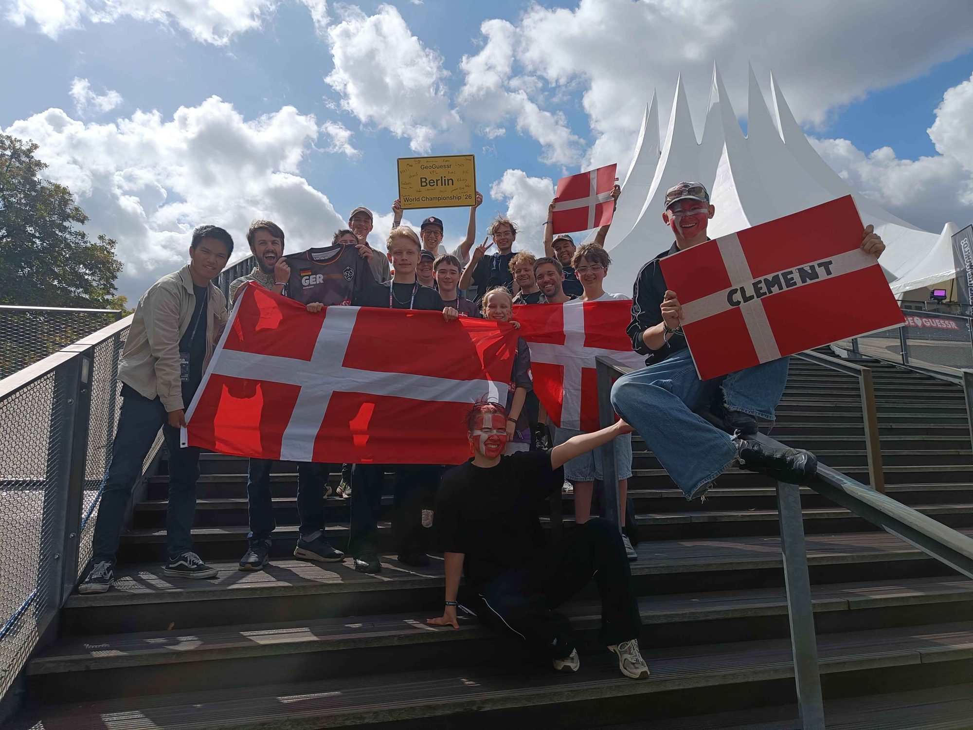 Danish GeoGuessr fans with the Danish flag at World Championship '26 in Berlin