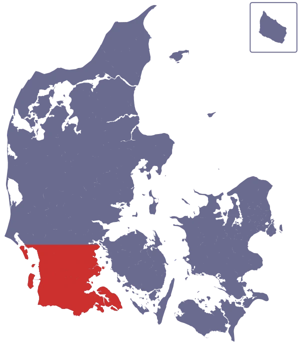 Map of Denmark with South Jutland south of Esbjerg–Kolding highlighted