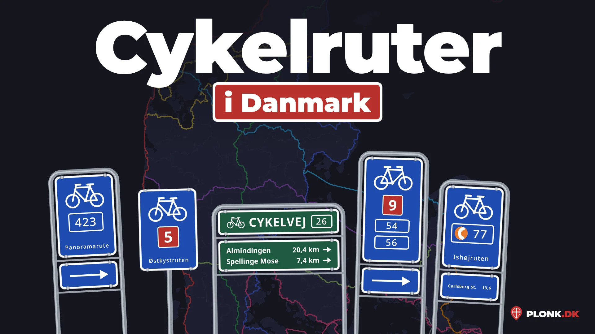 Fem cykelruteskilte: panoramarute 423, national rute 5 Østkystruten, et grønt CYKELVEJ-skilt fra Bornholm med rute 26, national rute 9 med de regionale ruter 54 og 56, og Supercykelsti C77 Ishøjruten