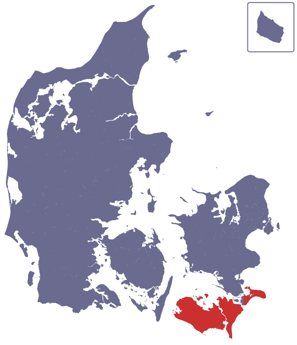 Map of Denmark with Lolland, Falster and Møn highlighted