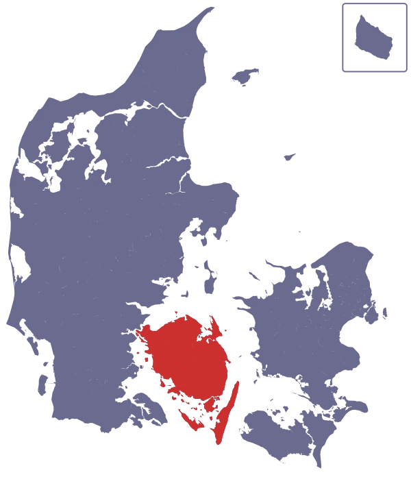 Map of Denmark with Funen, Langeland and Ærø highlighted