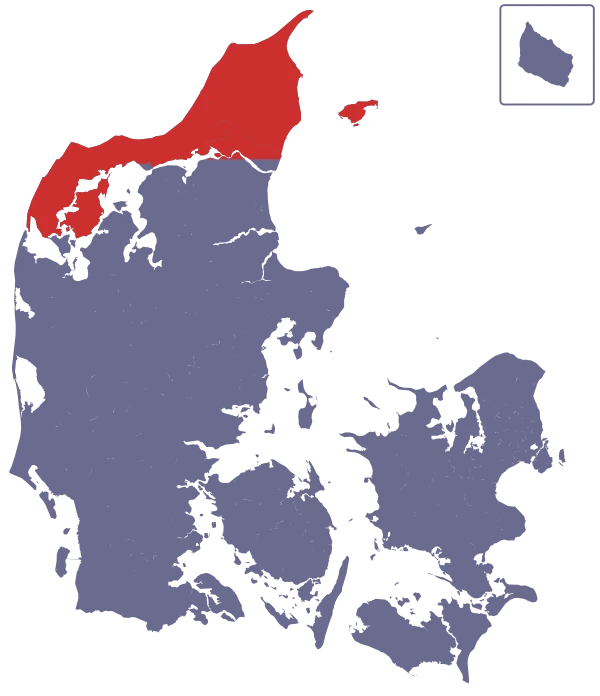 Map of Denmark with North of the Limfjord highlighted