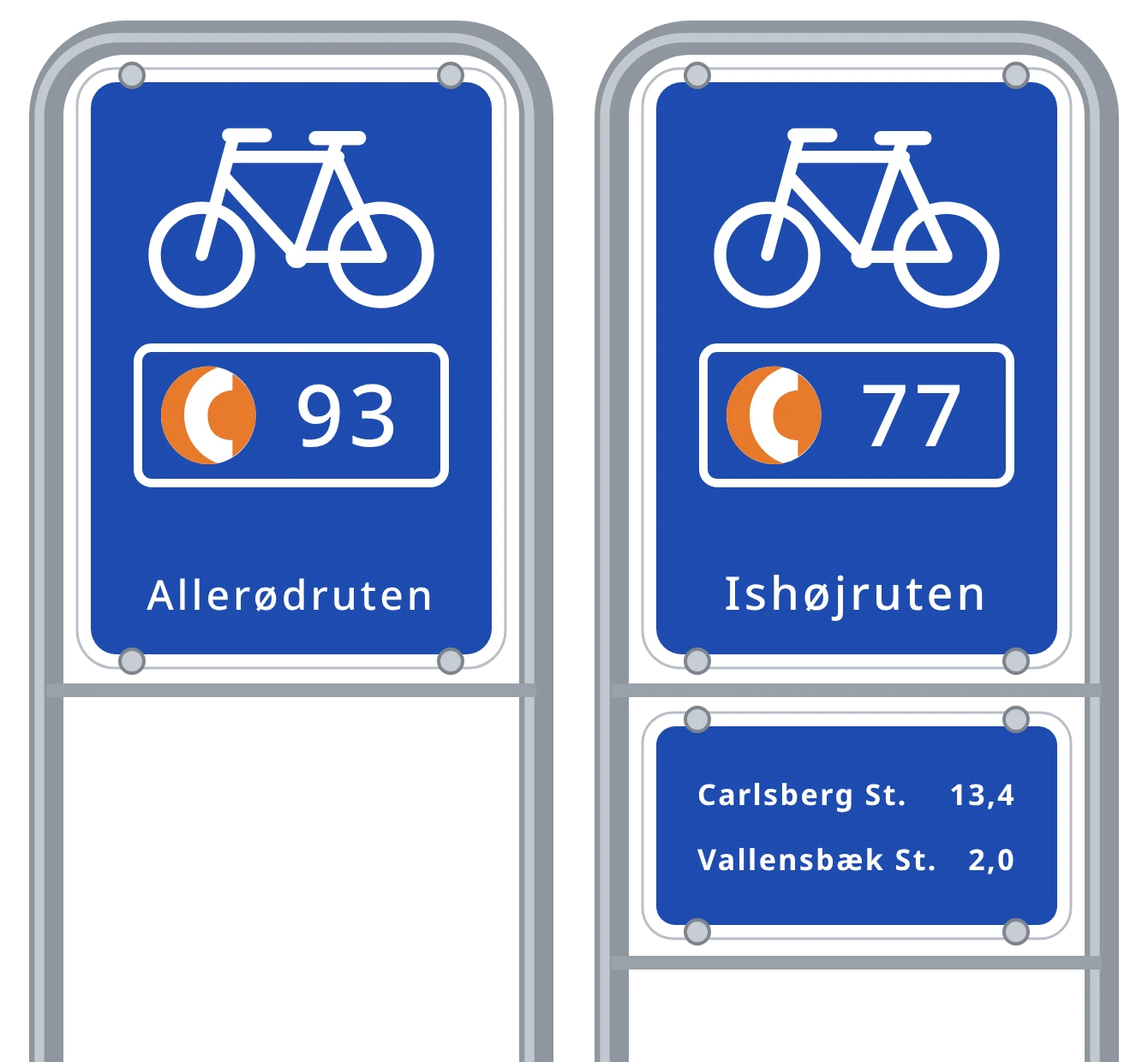 Two Supercykelsti signs: C93 Allerødruten, and C77 Ishøjruten with a plate of distances to Carlsberg St. and Vallensbæk St.