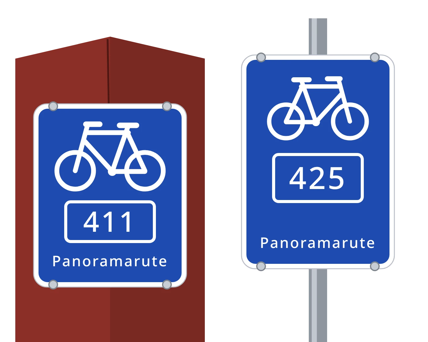 Two panorama route signs: 411 on a red wooden post and 425 on a metal pole. The number is in a white outline above the word Panoramarute