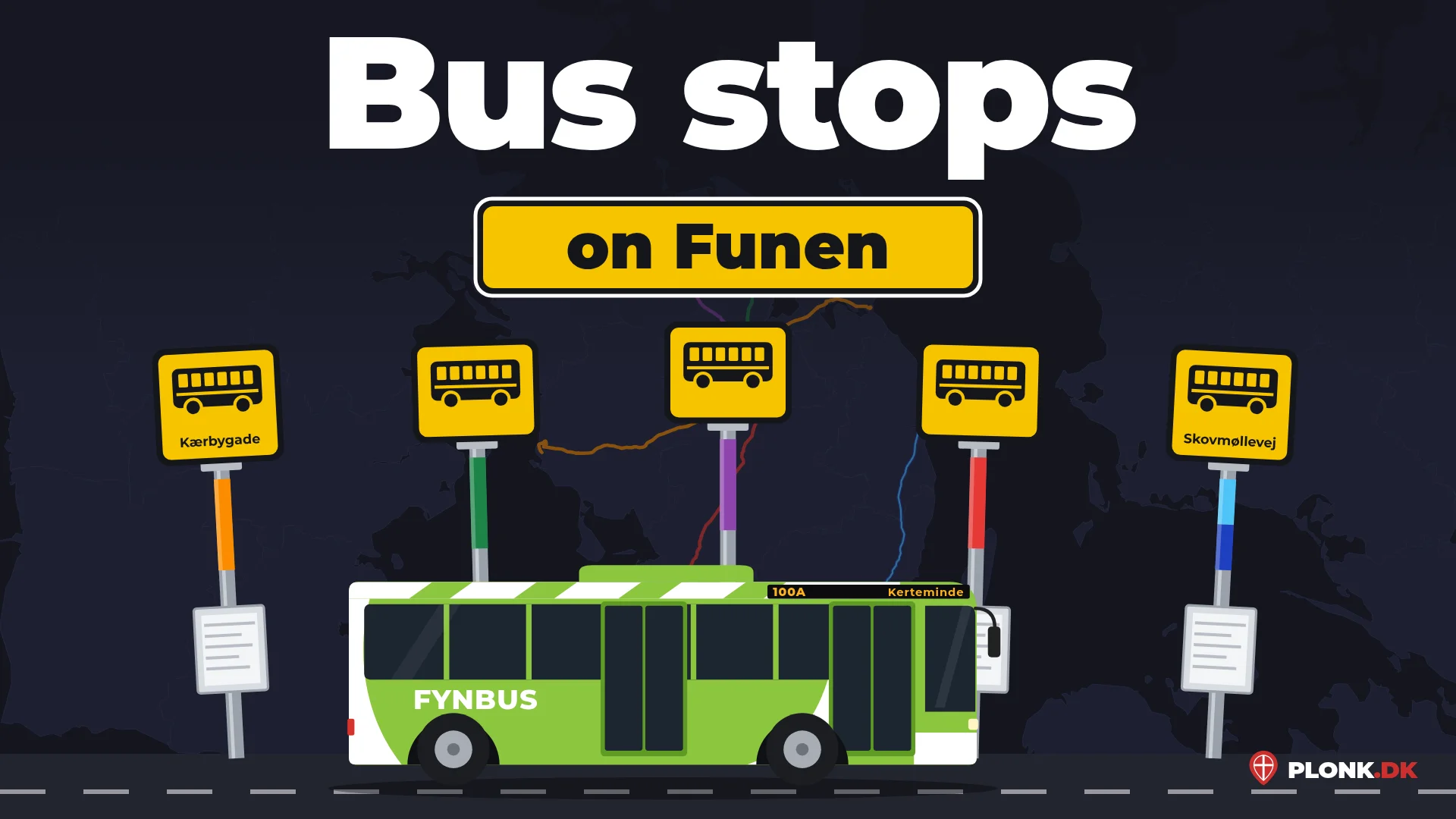 Five yellow bus stop signs with tape in the A lines’ colours on their posts, and a green FynBus on line 100A to Kerteminde