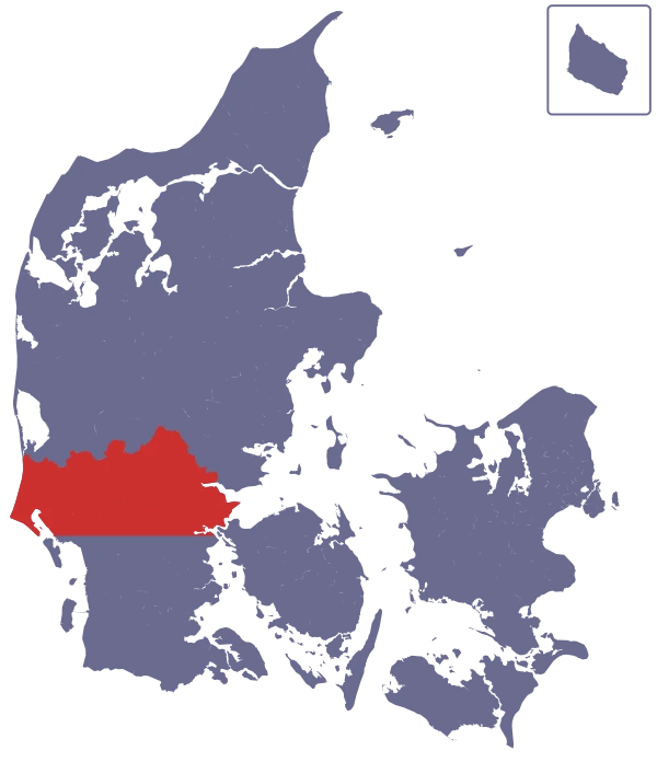 Map of Denmark with South Jutland north of Esbjerg–Kolding highlighted