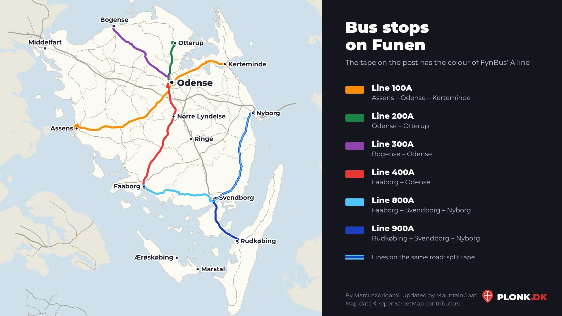 Map of Funen with FynBus’ six A lines drawn in their colours
