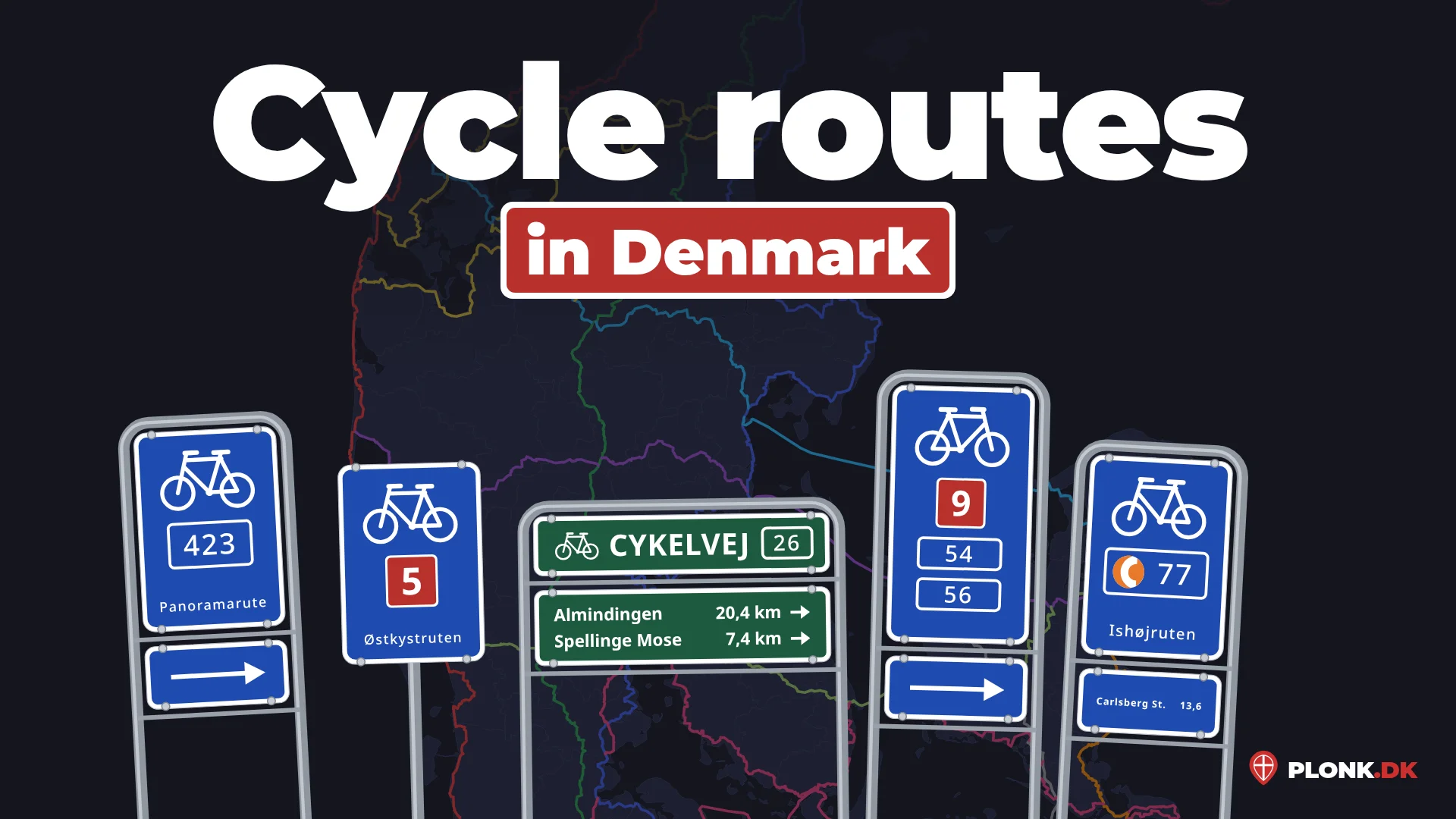 Five cycle route signs: panorama route 423, national route 5 Østkystruten, a green CYKELVEJ sign from Bornholm with route 26, national route 9 with regional routes 54 and 56, and Supercykelsti C77 Ishøjruten